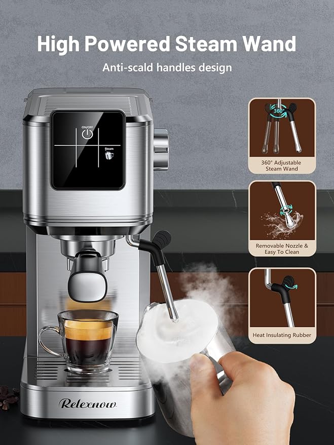 Espresso Machine, 20 Bar Espresso Maker Milk Frother & LCD Panel, Hot & Iced with Rapid Cold Brew, Stainless Steel Espresso Coffee Machine with 41oz Water Tank for Cappuccino, Latte