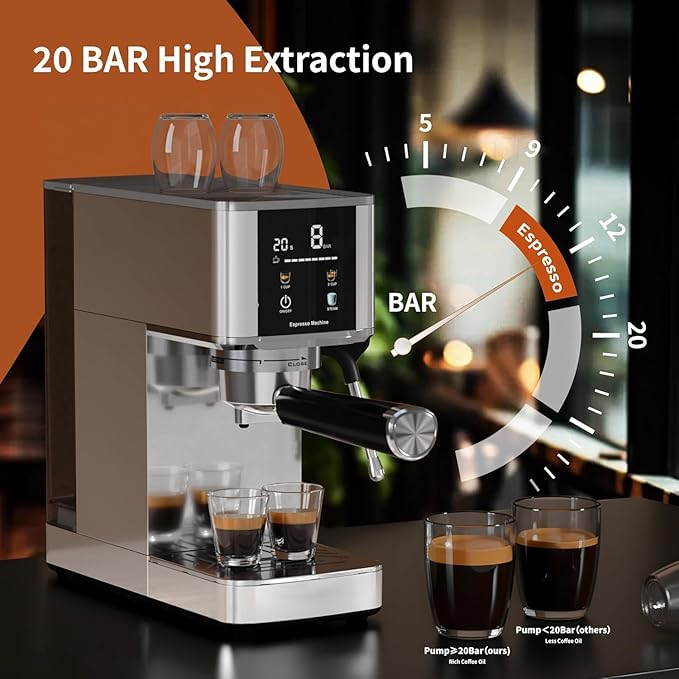 Kismile Espresso Machine 20Bar with Milk Frother, Professional Coffee Maker with Capsule Funnel|LED Display|48oz Removable Water Tank, Pre-Infusion for Espresso, Cappuccino at Home or Office