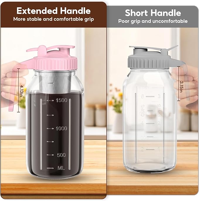 AHOMSEL Cold Brew Coffee Maker Jar - 2 Pack 64 oz Glass Cold Brew Maker with Handle, Stainless Steel Filter & Leak-Proof Lid, Heavy Duty Cold Brew Pitcher for Iced Coffee, Sun Tea, and Milk