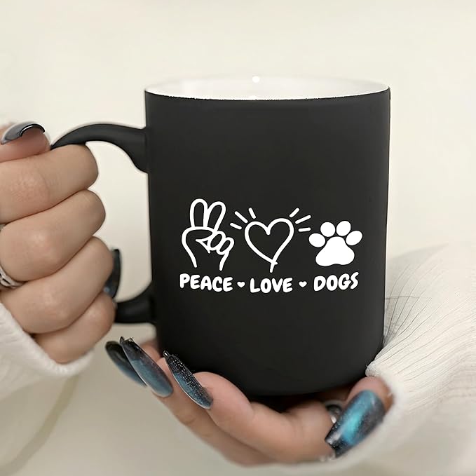G MUGS Dog Lover Coffee Mug - Gift for Women Men,13oz Ceramic Tea Mug with Peace Love Dogs Design, Cute Paw Print & Heart Mug for Dog Owners Black Mug