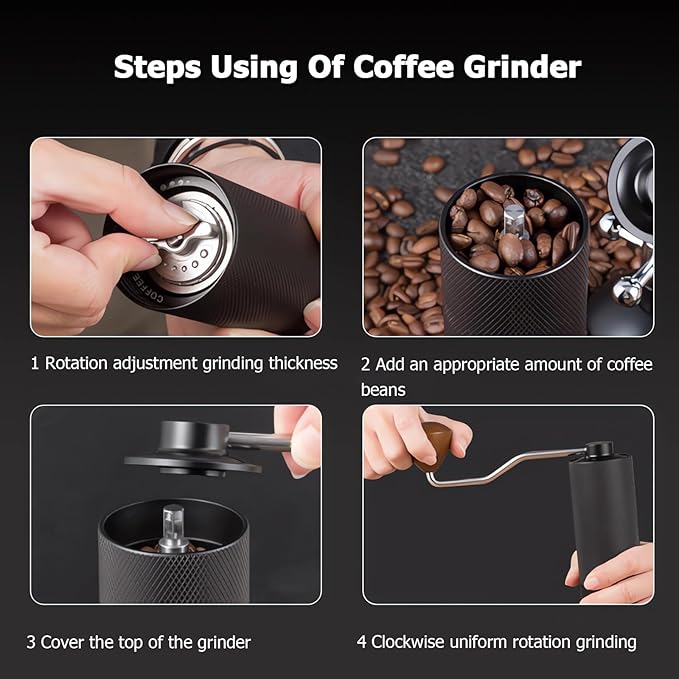 Manual Coffee Grinder with Double Bearing System Coffee Bean Grinder, 25g Capacity Hand Coffee Grinder, Stainless Steel 6-Star Burr Mill (BLACK, 6star-stainless steel)