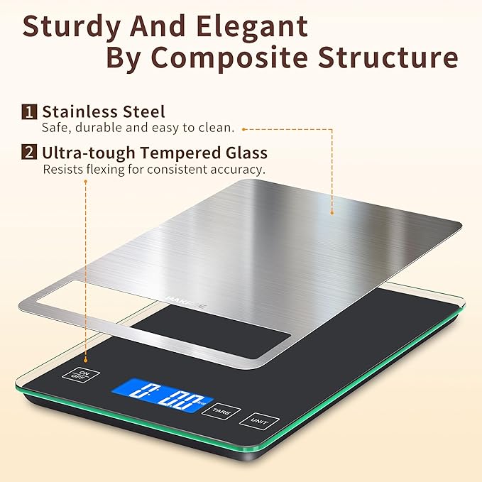 BakFee Food Scale, 15kg/33lb Digital Kitchen Scale with Stainless Steel & Tempered Glass, 1g / 0.05oz Precise Graduation, Waterproof and Sturdy Surface, for Cooking, Baking, Weight Loss, Meal Prep