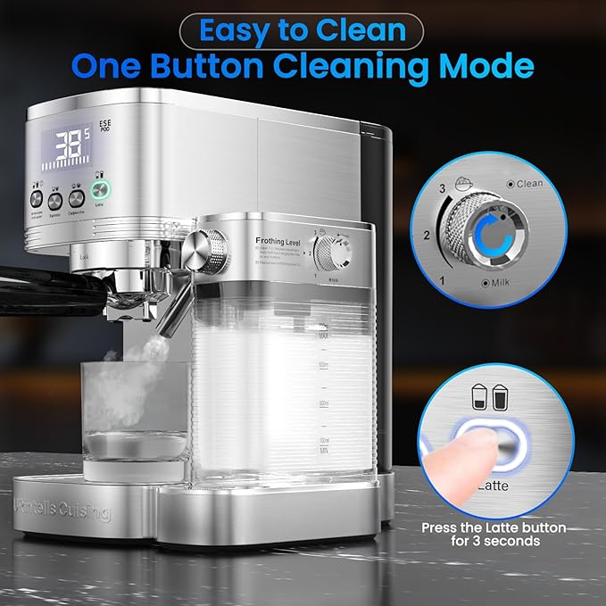 Espresso Machine 20 Bar Temperature Time LED Display Espresso Maker with Stepless Adjustable Automatic Milk Frother for Cappuccino Latte Americano Stainless Steel Coffee Machine with ESE Pod Filter