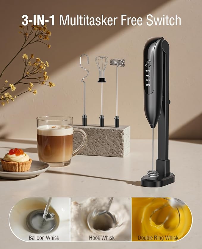Dynooper Electric Milk Frother Handheld: Rechargeable 3 in 1 - LED Digital Display with 3 Speeds Portable Stainless Steel Drink Foam Mixer for Milk Coffee, Lattes, Cappuccino, Matcha - Matte black