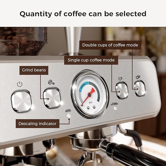 Kismile Espresso Machine with Grinder, 20 Bar Expresso Coffee Machines with Milk Frother Steam Wand, Espresso Maker with 30 Grind Settings, Expresso Machines for Home, Perfect for Cappuccino, Latte