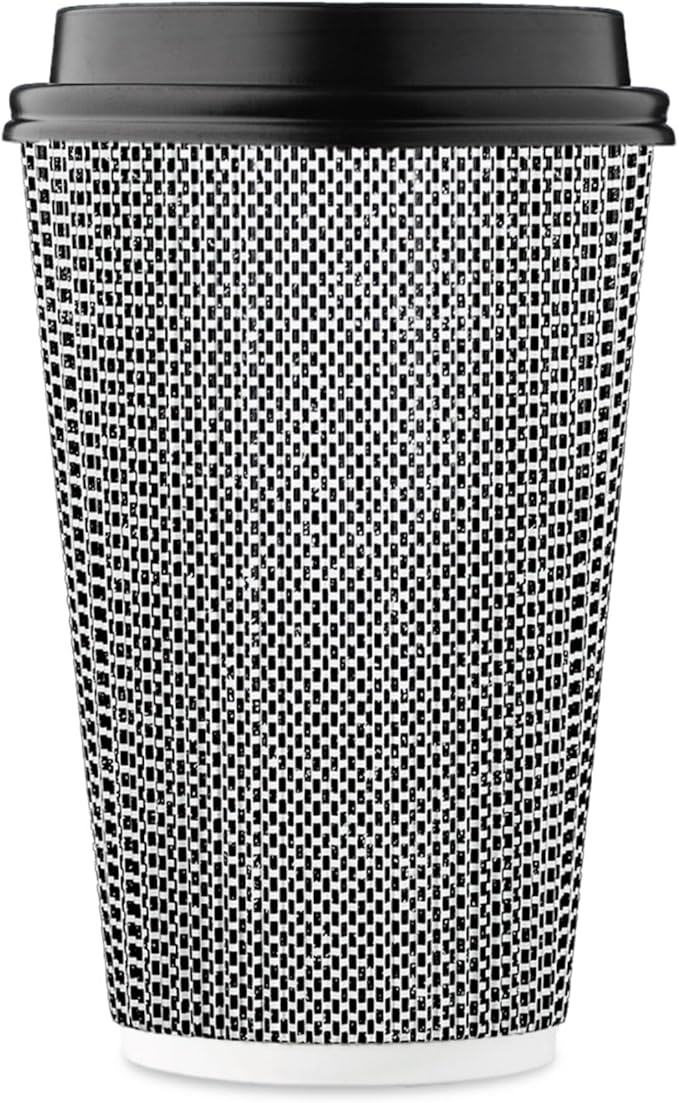 [85 SET]Harvest Pack 16 oz Disposable Coffee Cups, Insulated Ripple Double-Walled Paper Cups with Lids, Black and White Geometric, Drinking Cups for Tea Hot Chocolate Drinks To go coffee cups