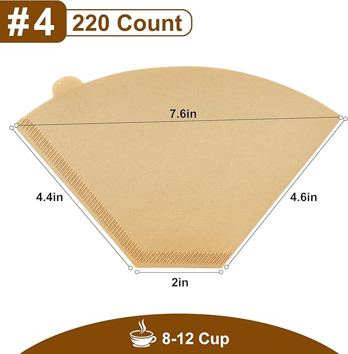 220 Count #4 Cone Coffee Filters, Tear-Resistant Seams, Unbleached for 8–12 Cup Coffee Makers