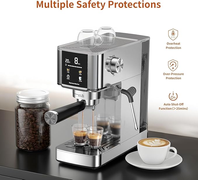 Kismile Espresso Machine with Milk Frother, 20 Bar Compact Stainless Coffee Maker with Capsule Funnel|48oz Detachable Water Tank|LED Display, Pre-Infusion for Cappuccino|Mocha|Latte at Home or Office