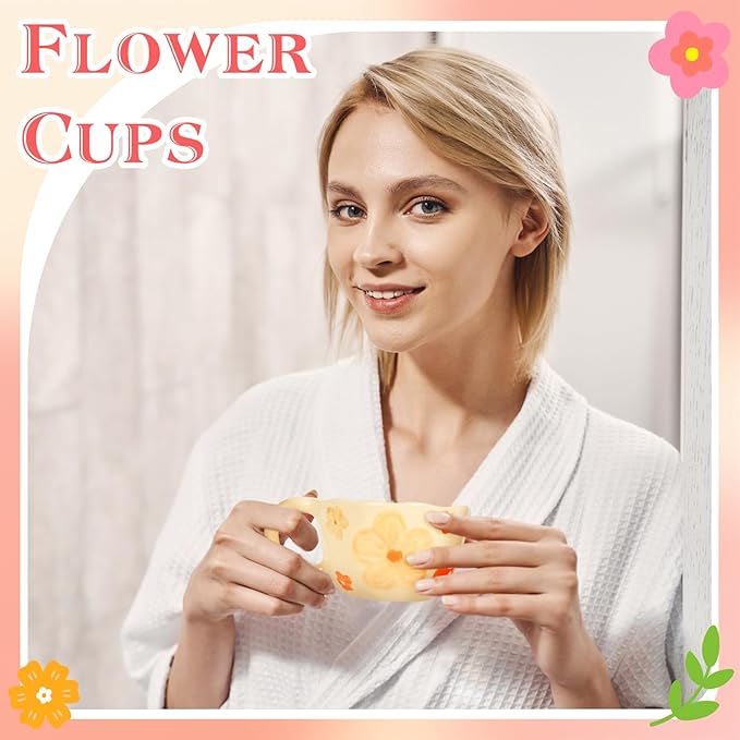 MAKCNMYM Ceramic Coffee Mug Set of 2 Vintage Flower Mugs 8 oz Cute Floral Coffee Mugs Irregular Latte Art Cup Lead-free Porcelain Cups for Cappuccino, Cocoa (Pink Cherry and Orange Flower)