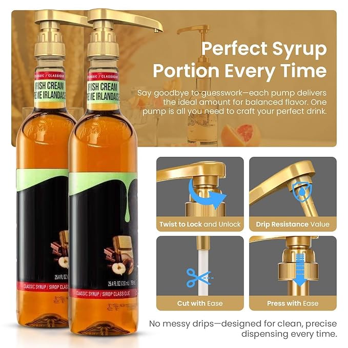 12-Pack Gold Plastic Bottle Syrup Pumps – Fits 750ml / 25.4 oz Bottles – Compatible with Torani & More – IMPORTANT: Will Not Fit Glass Bottles – Coffee Syrup Dispenser.