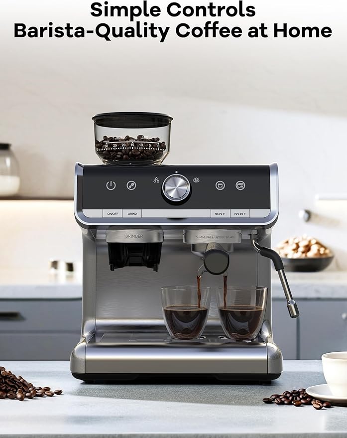 Espresso Machine with Grinder, 20 Bar Semi-Automatic Coffee Maker with Milk Frother Steam Wand, PID Temperature Control, 95 OZ Water Tank, for Cappuccino, Latte, Macchiato, Home Barista, Light Gray