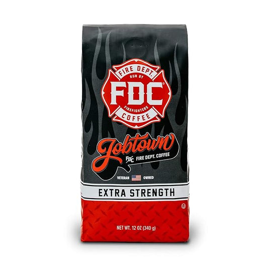 Fire Department Coffee - Gives Back to Firefighters - Jobtown Extra Strength Coffee Beans - Rich & Bold Dark Roast - Roasted in the USA - Veteran Owned - 12 oz