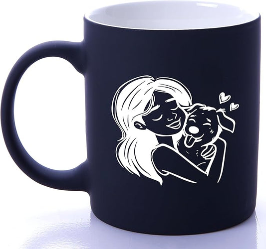 G MUGS Dog Lover Hug Ceramic Coffee Mug - 13oz Tea Mug with Girl & Dog Hug Design, Gift for Dog Owners Women Black Mug