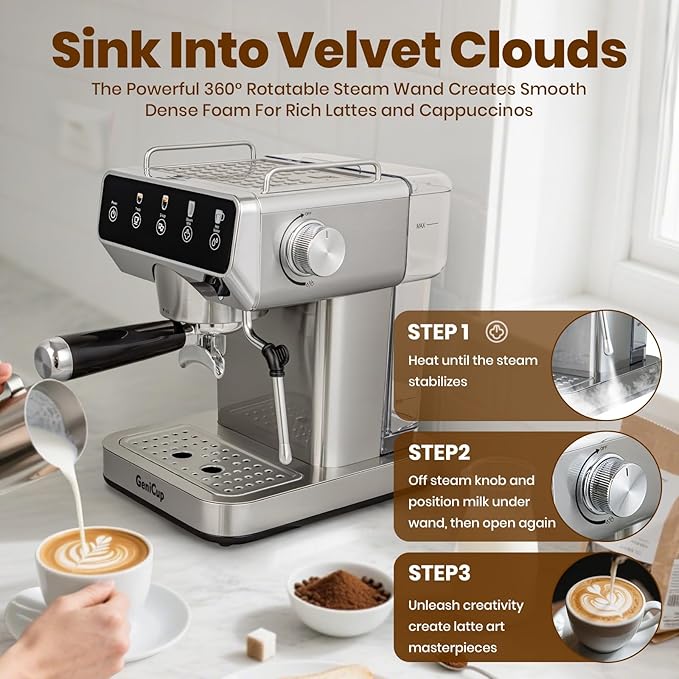 GeniCup Expresso Coffee Machines with Touchscreen 20 Bar Professional Espresso Maker with Milk Frother & Hot Water, Stainless Steel Coffee Maker for Latte Americano, Cappuccino Machine for Home Office