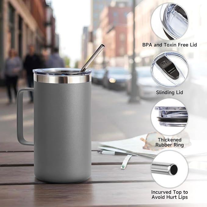 Volhoply 24oz Insulated Coffee Mug with Lid and Straw, Stainless Steel Travel Mugs with Handle, Double Wall Vacuum Leak Proof Coffee Tumbler Cup (Gray,1)