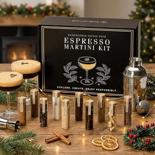 HomeWetBar Velvet Pour Espresso Martini Kit, Cocktail Infusion Set, 7oz Coupe Glasses, Stainless Steel Shaker, Measuring Jigger, 5 Gourmet Ingredients