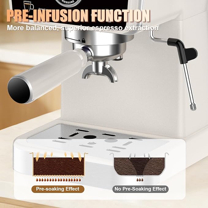 Espresso Machine – 20 Bar Pressure, Also Supports Americano, Latte, Cappuccino & Iced Coffee, 1.5L Water Tank, Milk Frothing & Hot Water, White Retro Design for Home & Office