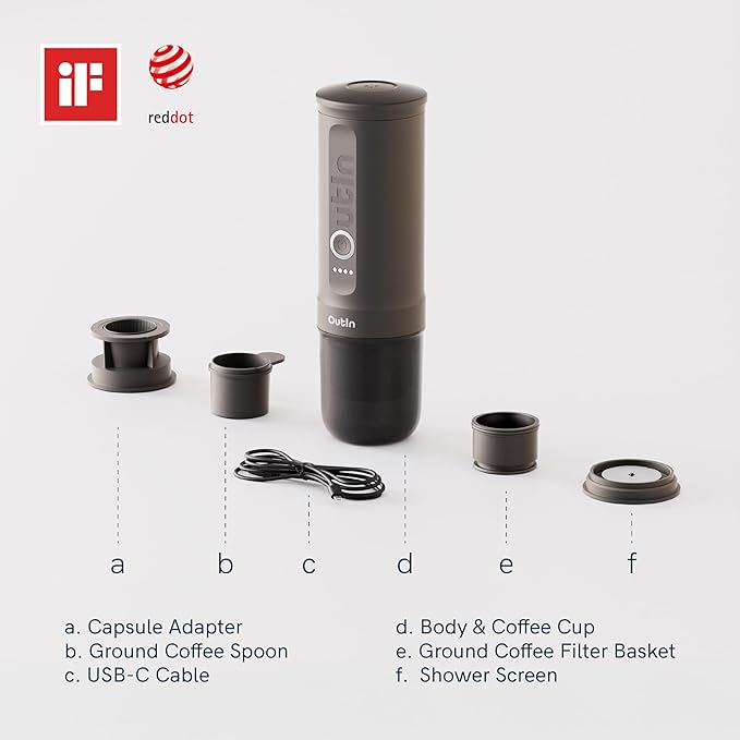 OutIn Nano Portable Electric Espresso Machine with Fino Portable Electric Coffee Grinder, Brown & White