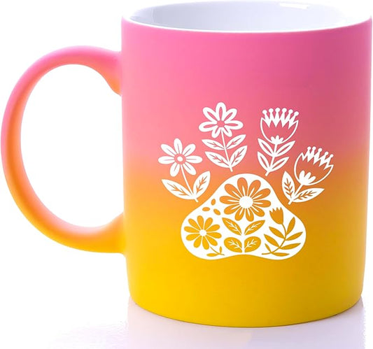 G MUGS Dog Paw Ceramic Tea Mug, Floral Pet Paw Design Coffee Mug, Cute Animal Lover Gift for Women,13oz Yellow And Pink Mug