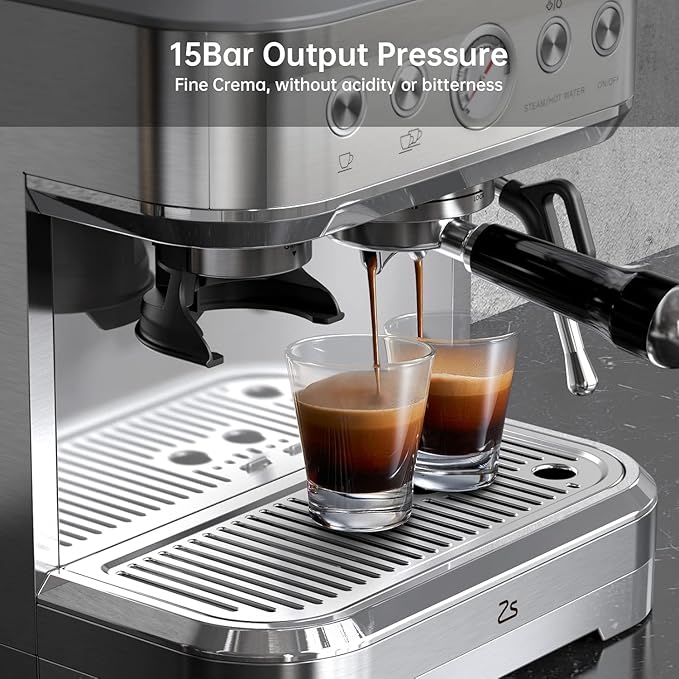 Garvee Espresso Machine with Milk Frother and Built-In Grinder, 3-in-1 Cappuccino Latte and Coffee Maker for Home, 85oz Removable Water Tank, Ideal Gift for Dad, Mom, Coffee Lovers (Sliver)