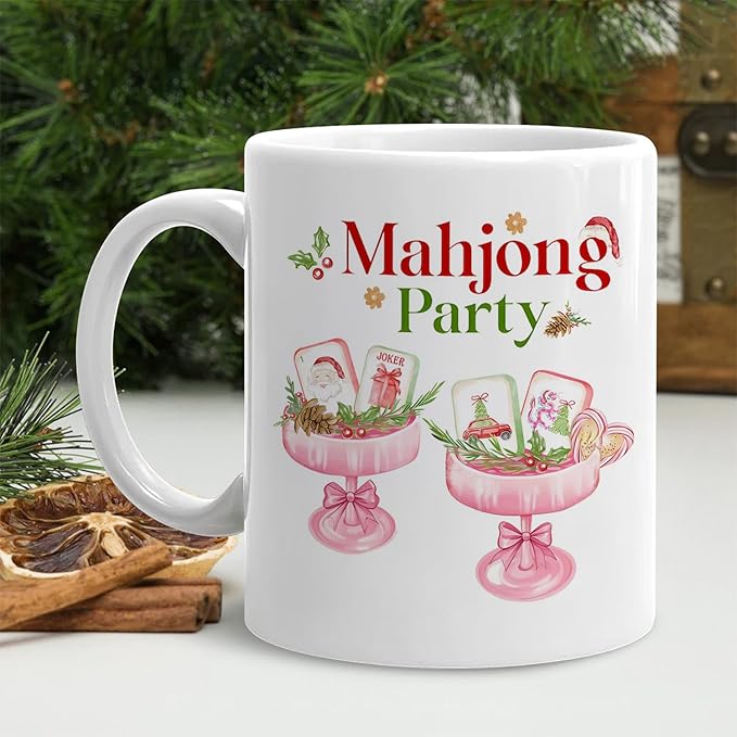 Christmas Pink Mahjong Cocktail Mug, Mahjong Gifts for Women Coffee Cup Ceramic, Gifts for Cocktail Lovers, Holiday Christmas Mah Jong Party Ceramic Coffee Tea Mug 11 oz