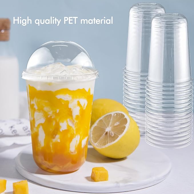 100 Set 16oz Disposable Clear Plastic Cup with Lids and Straws, Sturdy & Food Safe Iced Coffee Cups, Plastic Cold Drinks Cups for Smoothie, Milk Tea, Assorted Beverages Party Supplies