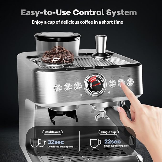 20 Bar Espresso Machine with Grinder & Milk Frother, Coffee and Espresso Maker Combo, All-in-One Espresso Coffee Machine for Cappuccino Latte, 30 Grind Settings, PID Control, 2.8L Removable Water Tank