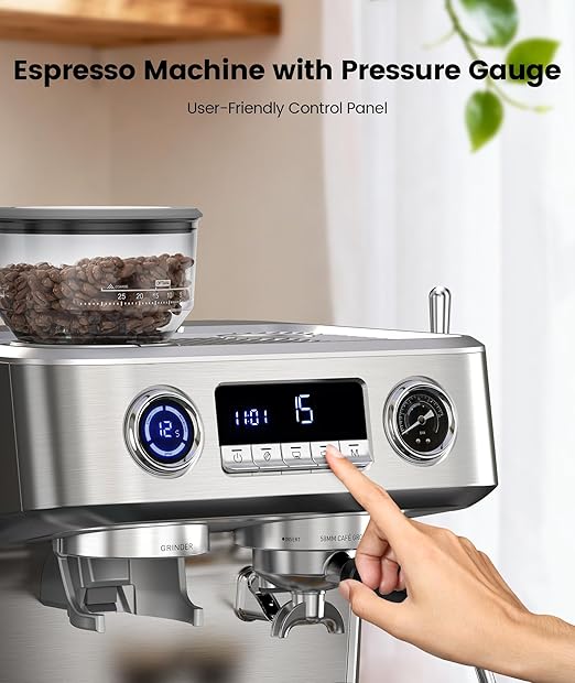 COWSAR Dual Boiler Espresso Machine with Grinder, 20 Bar Espresso Machines with Milk Frother, Espresso Maker with Removable Water Tank, Commercial Expresso Coffee Machines, Brushed Stainless Steel