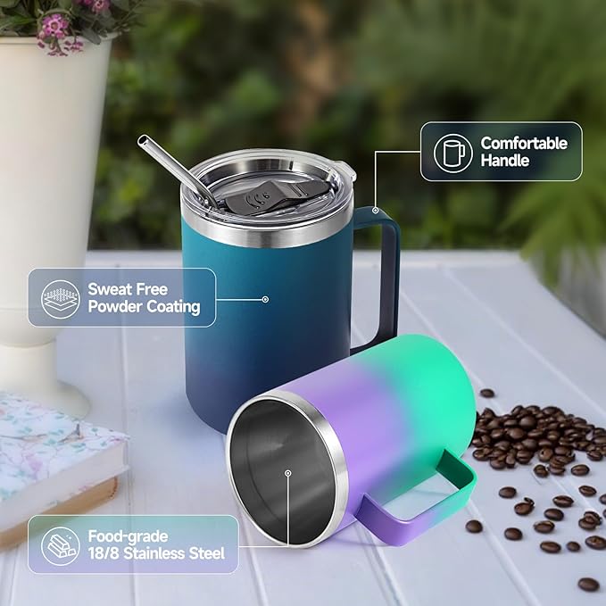 Volhoply 16oz Insulated Coffee Mug with Lid and Straw, Stainless Steel Travel Mugs with Handle, Double Wall Vacuum Leak Proof Coffee Tumbler Cup (Mixed,2)