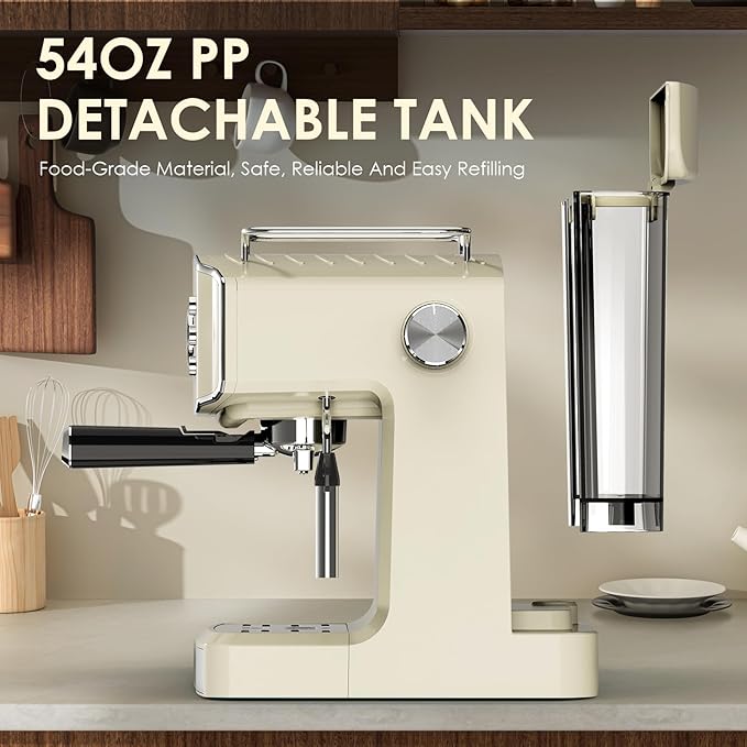 20 Bar Vintage Style Espresso Machine Coffee Maker with Milk Frother, ESE Pod Compatible Coffee Machine, Pressure Gauge, 54 oz PP Removable Water Tank, Ideal for Home Barista,Griege