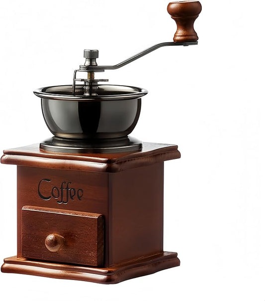 Vintage Handheld Manual Coffee Grinder with Ceramic Burr Adjustable Coarseness Ergonomic Wooden Handle Non-Slip Base for Home Kitchen Small Batch Brewing and Travel (classic)