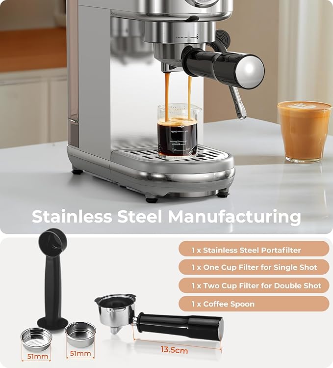 Espresso Machine with Milk Frother, 20 Bar Pressure Espresso Maker, Automatic & Manual, Compact Stainless Steel Coffee Machine for Cappuccino, Latte, Gift for Coffee Lover, Dad or Mom, Silver