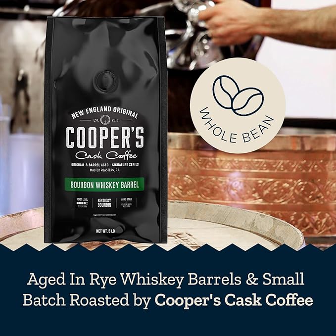 Bourbon Barrel Aged Coffee, Single-Origin Colombian Beans Aged in Kentucky Bourbon Whiskey Barrels, Medium Dark Roast Whole Bean, 5 lb