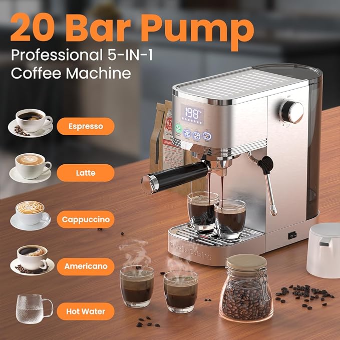 Espresso Machine 20 Bar Espresso Maker with Steam Milk Frother,Compact Stainless Steel Expresso Coffee Machine for Cappuccino Latte Americano, Coffee Maker Gift for Coffee Lovers Home and Kitchen