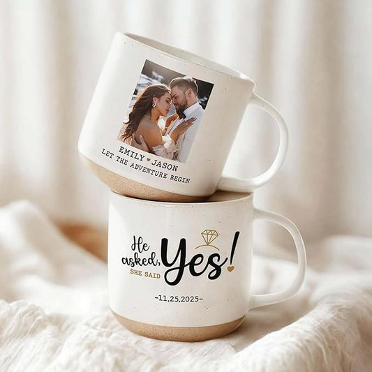 Personalized Engagement Photo Pottery Mug 12oz, She Said Yes Coffee Mug, Custom Couple Picture Mug, Wedding & Anniversary for Couple