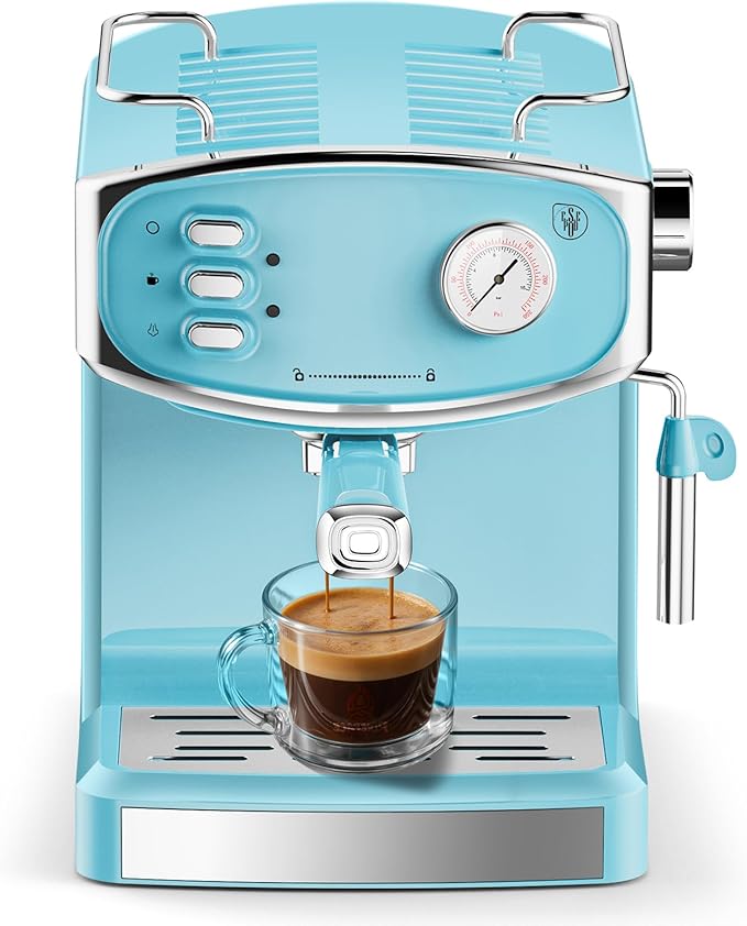 20 Bar Vintage Style Espresso Machine Coffee Maker with Milk Frother, ESE Pod Compatible Coffee Machine, Pressure Gauge, 54 oz Food-Grade PP Removable Water Tank, Ideal for Home Barista(Blue)
