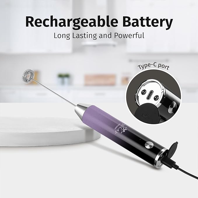 Zulay Kitchen Rechargeable Milk Frother Handheld Lux - Powerful 2-Speed Motor, Waterproof, 2000mAh Battery - Drink Mixer for Latte, Cappuccino, Matcha & Protein Powder - Black Purple