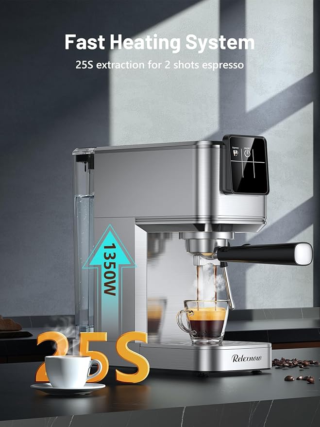 Espresso Machine, 20 Bar Espresso Maker Milk Frother & LCD Panel, Hot & Iced with Rapid Cold Brew, Stainless Steel Espresso Coffee Machine with 41oz Water Tank for Cappuccino, Latte