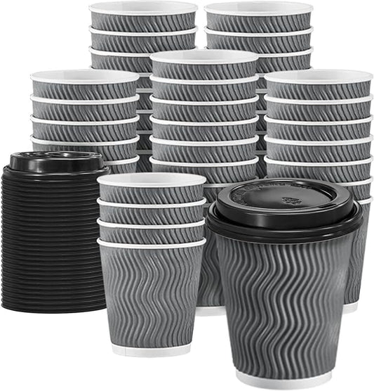100 Pack 8 oz Disposable Coffee Cups with Lids, Insulated Ripple Wall To-Go Paper Coffee Cups Suitable for Chocolate Cocoa and Hot/Cold Drinks (Grey)