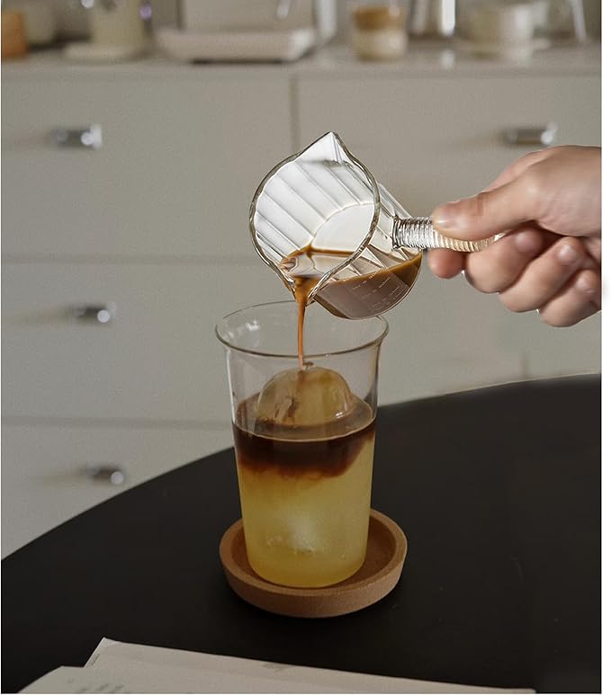 Espresso Cups Set of 2, 4 OZ Glass Double Spouts Cups, Shot Glasses, Milk Cup with Glass Handle for Dishwasher Safe, Espresso Accessories for Machine, Demitasse Cups, Small (Clear)