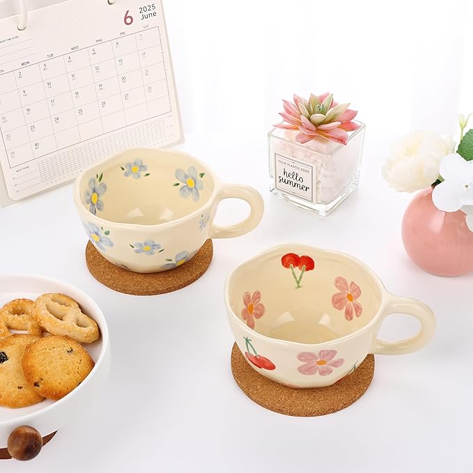 MAKCNMYM Ceramic Coffee Mug Set of 2 Vintage Flower Mugs 8 oz Cute Floral Coffee Mugs Irregular Latte Art Cup Lead-free Porcelain Cups for Cappuccino, Cocoa (Pink Cherry and Blue Flower)