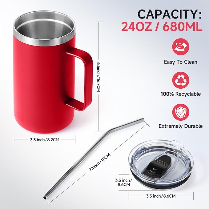 Volhoply 24oz Insulated Coffee Mug with Lid and Straw, Stainless Steel Travel Mugs with Handle, Double Wall Vacuum Leak Proof Coffee Tumbler Cup (Red,1)