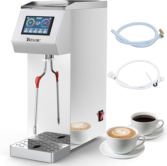 Vtsmax Commercial Milk Frother 2KW, Automatic Stainless Steel Steam Frother with Touch Control LED Display, 6 Temp Settings, External Water Bottle Compatible for Coffee Tea Shop (110-120V)