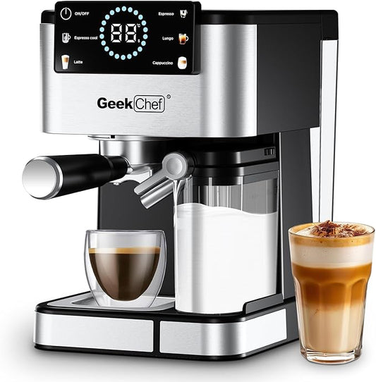 Geek Chef Espresso Machine with Automatic Milk Frother, 20 Bar Coffee & Espresso Maker, Cappuccino/Latte/Iced Coffee Machine, TouchScreen, ESE POD, Instant Heating for Home Barista