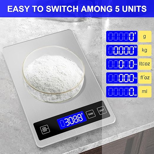 Ionsno 22lb Food Scale, Digital Kitchen Scale Weight Grams and oz for Weight Loss Cooking Baking, 1g/0.1oz Precision, Rechargeable and Waterproof, Stainless Steel and Tempered Glass, Gray Silver