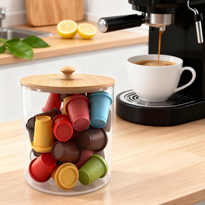 yaenoei 2 Pack Coffee Pod Holder with Bamboo Lid, Clear Coffee Pods Storage Basket Large Capacity K Cup Holder for Kitchen Countertop, Coffee Filter Holder, Cafe Bar Organizer, Office Desktop