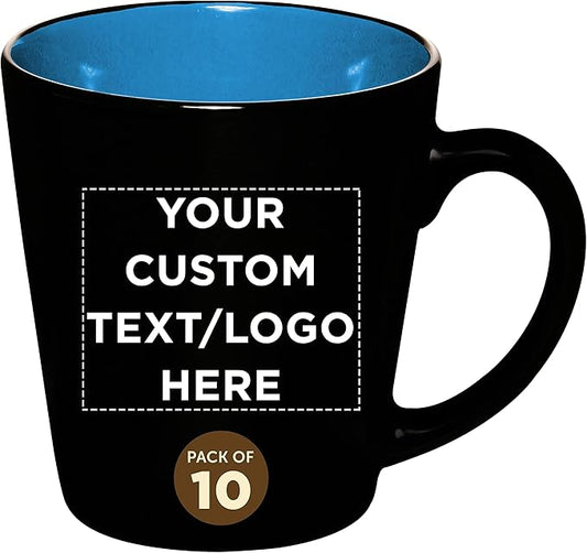 Custom Ceramic Coffee Latte Mugs 12 oz. Set of 10, Personalized Bulk Pack - Perfect for Coffee, Tea, Espresso, Hot Cocoa, Other Beverages - Blue