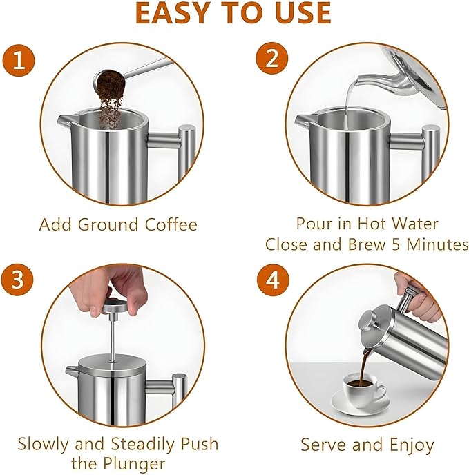 Small Stainless Steel French Press Coffee Maker 21oz(3 Cups), Double Wall Insulated for Hot& Cold Brew, Compact Coffee& Tea Press for Camping, Office, Travel with 3 Ultra-Fine Filters & Spoon- Silver