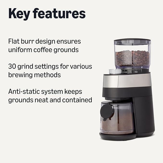 Amazon Basics Electric Burr Coffee Grinder with 30 Grind Settings for French Press and Espresso, 6.5-Ounce Hopper, Black