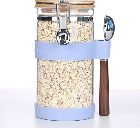 KKC Airtight Coffee Canister, Glass Coffee Bean Storage Contaienr with Silicon Scoop Holder, Non-Slip Silicon Coffee Storage Canister with Spoon for 1 lb Bean,40 Fluid-oz